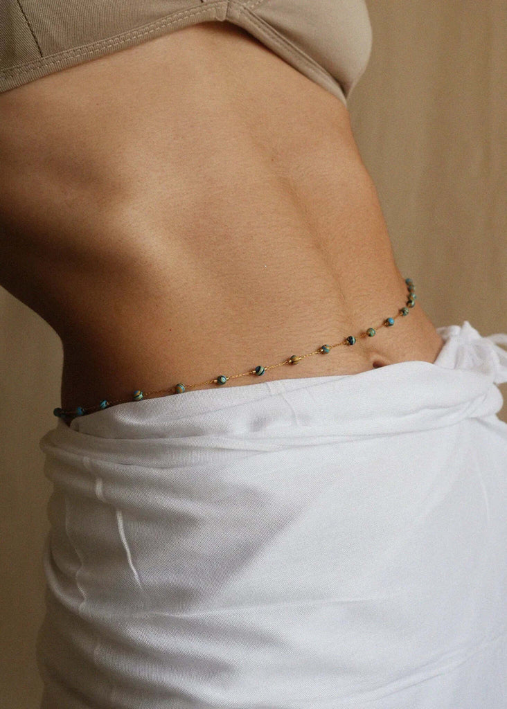 Moselle Belly Chain — Gold, teal waist beads on model — MYFASHIONFRUIT