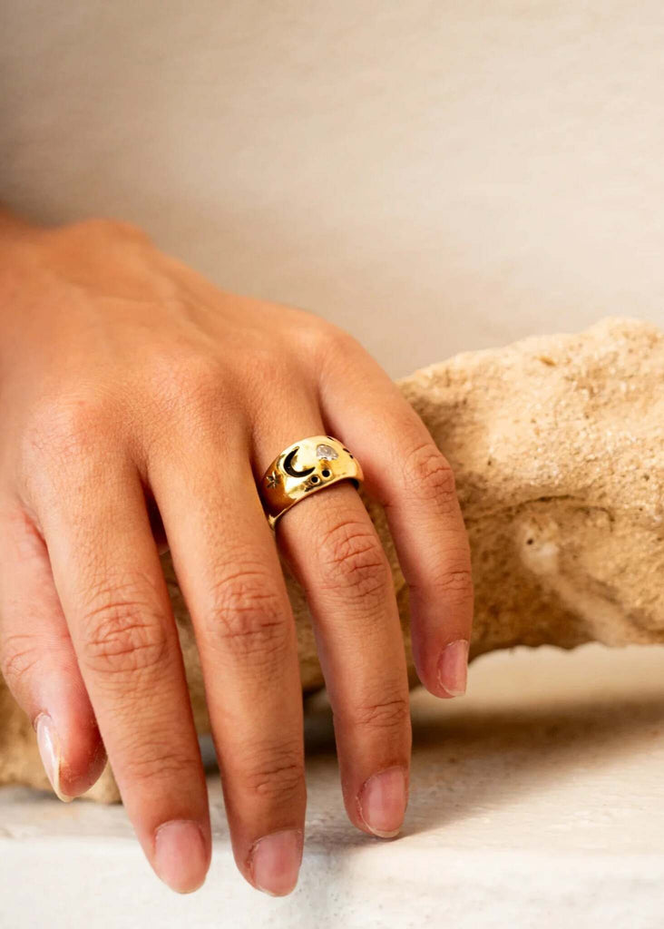 Celestial Ring — gold ring with moon & stars on model — MYFASHIONFRUIT