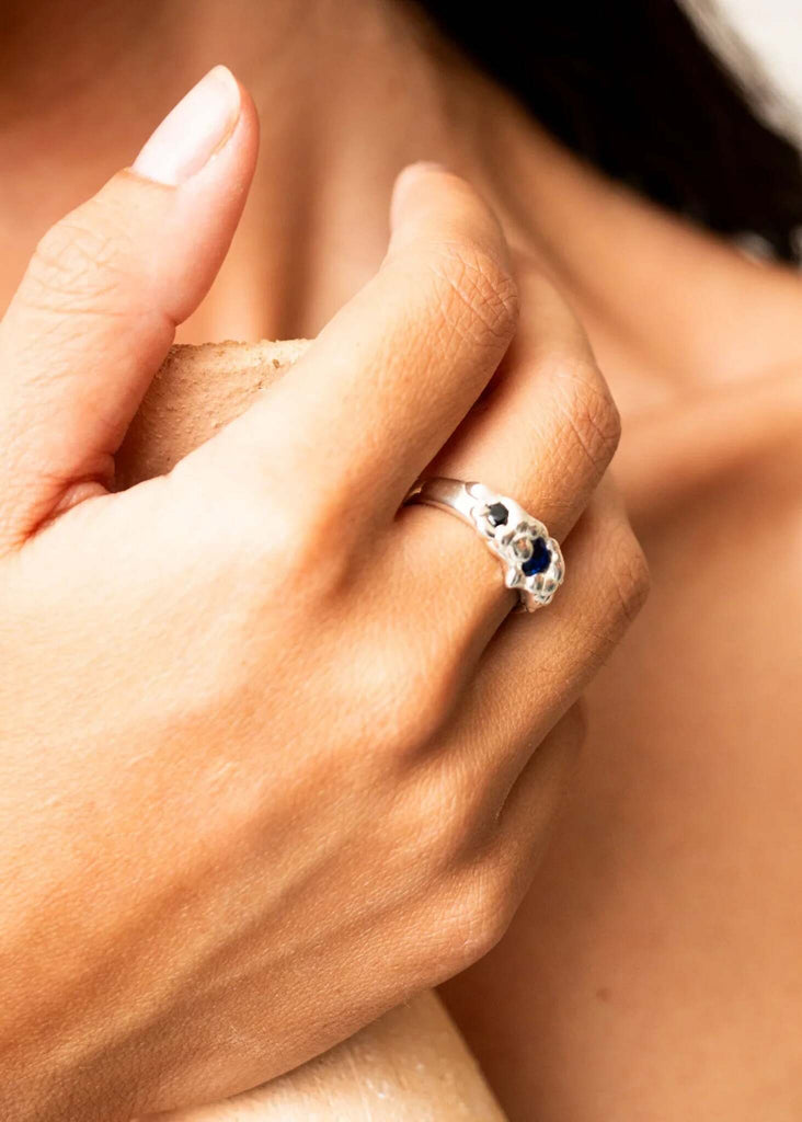 Love Lava Ring — Silver ring with stones on model — MYFASHIONFRUIT