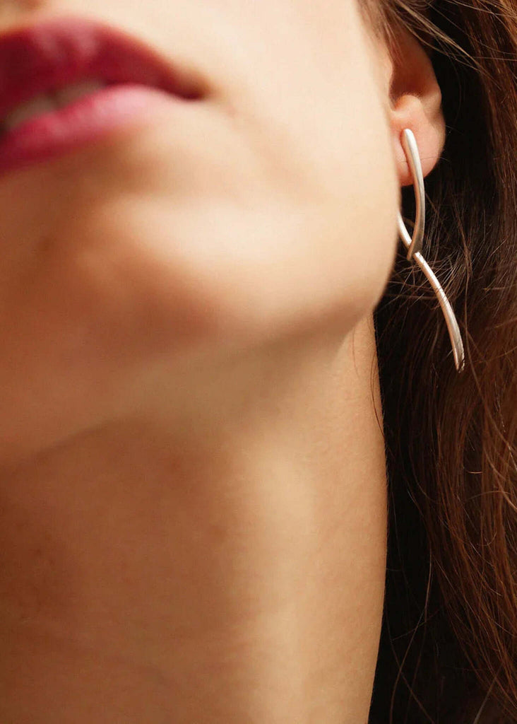 Twig Earrings — Silver twig earrings on model, detail — MYFASHIONFRUIT