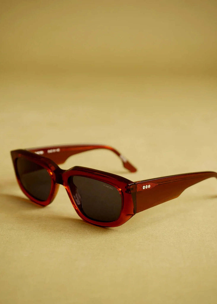 Komono REX Rust Sunglasses — red frames, dark lenses, detail — MYFASHIONFRUIT