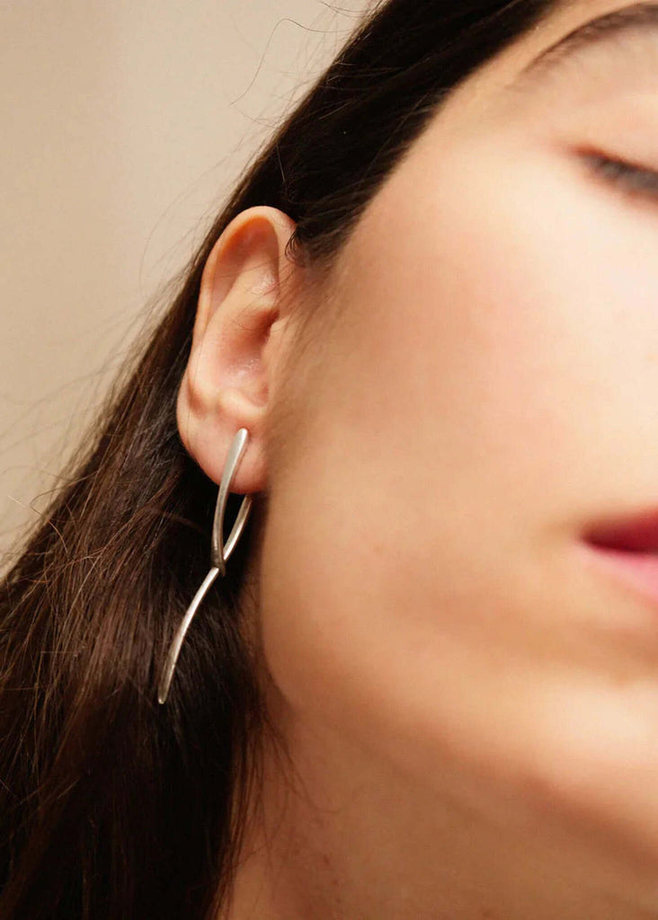 Twig Earrings — Silver earrings on model, detail — MYFASHIONFRUIT