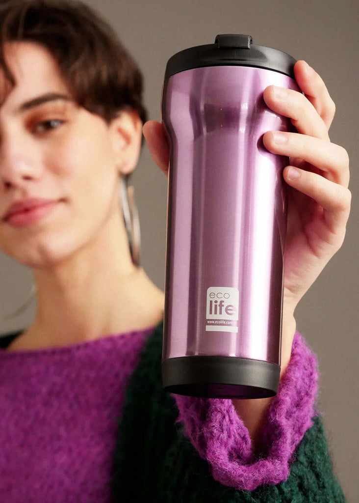 Ecolife Coffee Thermos — Purple thermos detail on model — MYFASHIONFRUIT