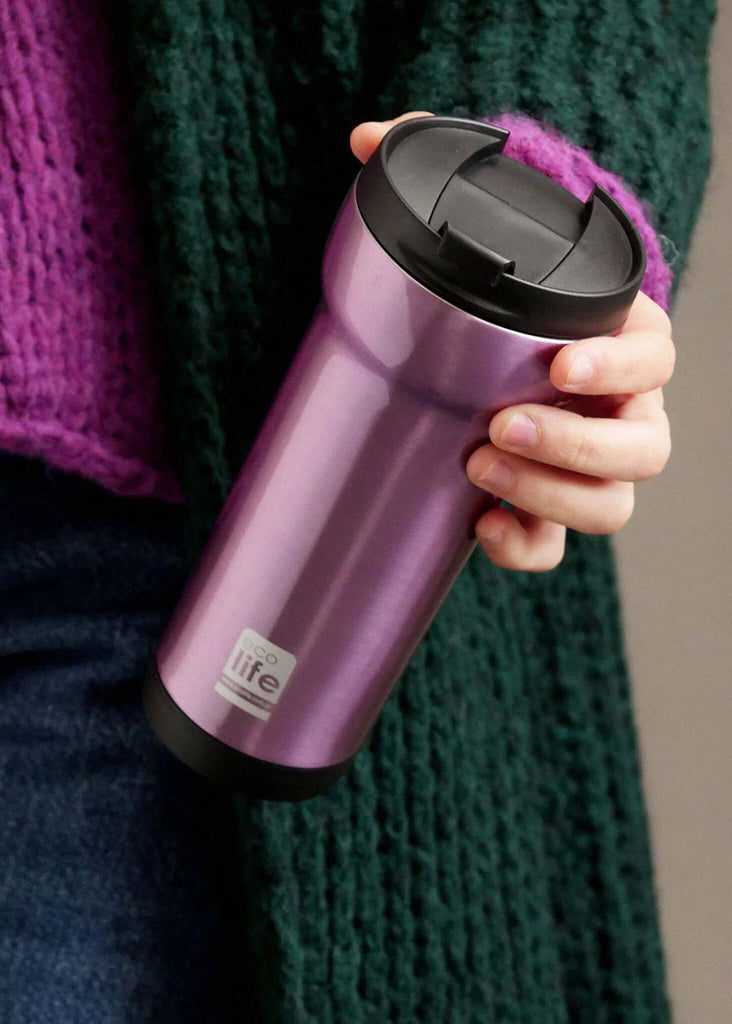 Ecolife Coffee Thermos — Purple steel thermos in hand — MYFASHIONFRUIT