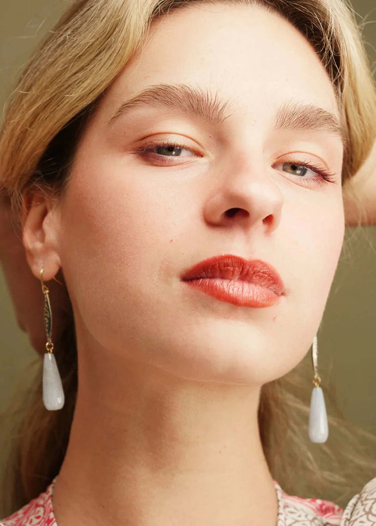 Stella Jade Earrings — on model, detail of blue drop earrings — MYFASHIONFRUIT