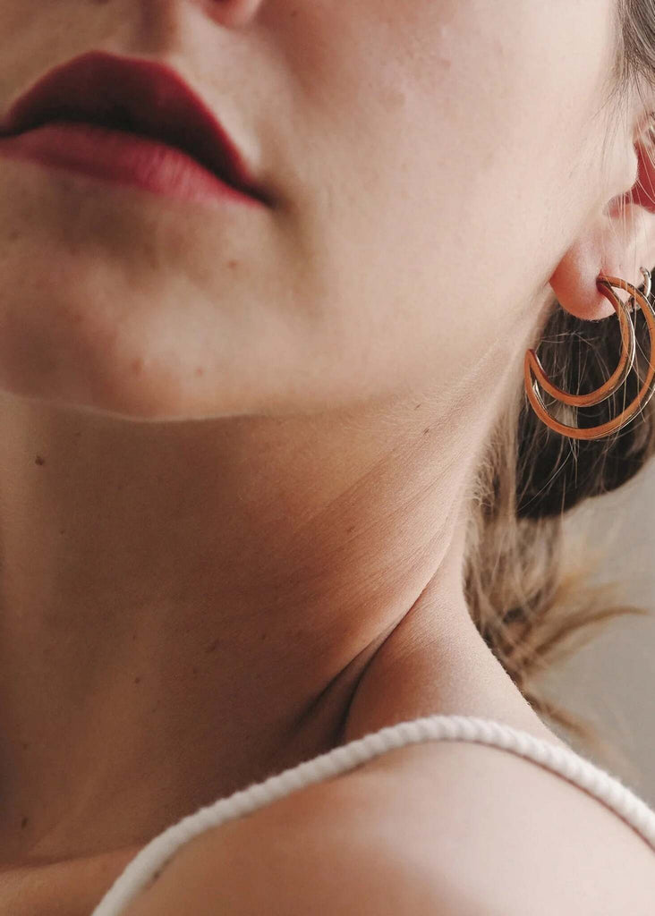 Crescent Hoop Earrings — Gold double hoop earrings on model — MYFASHIONFRUIT