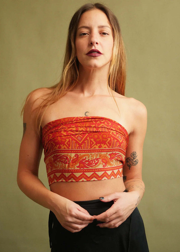 Bijal Silk Scarf - Oranges — on model, orange printed top — MYFASHIONFRUIT