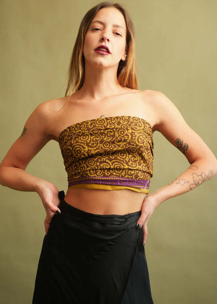Bijal Silk Scarf — Yellow and brown print on model — MYFASHIONFRUIT