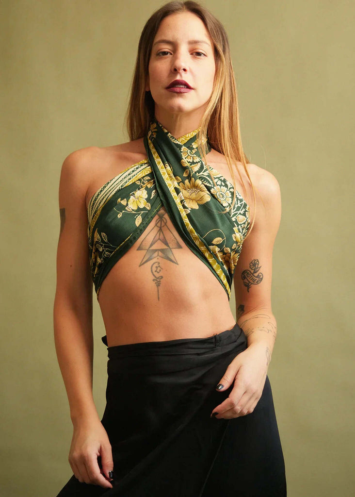 Bijal Silk Scarf - Greens — Floral scarf top on model — MYFASHIONFRUIT