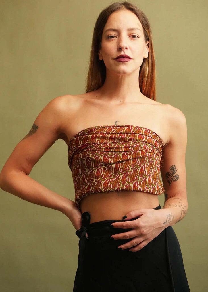 Bijal Silk Scarf — on model as top, earth-tone paisley — MYFASHIONFRUIT