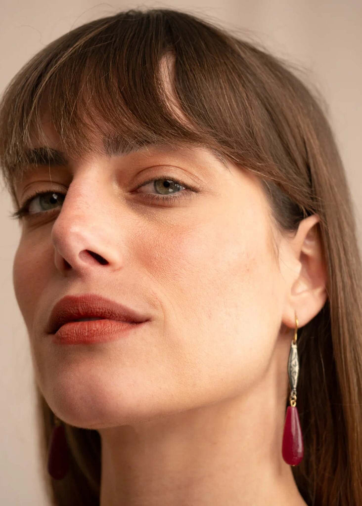 Stella Jade Earrings — On model, red teardrop earring detail — MYFASHIONFRUIT
