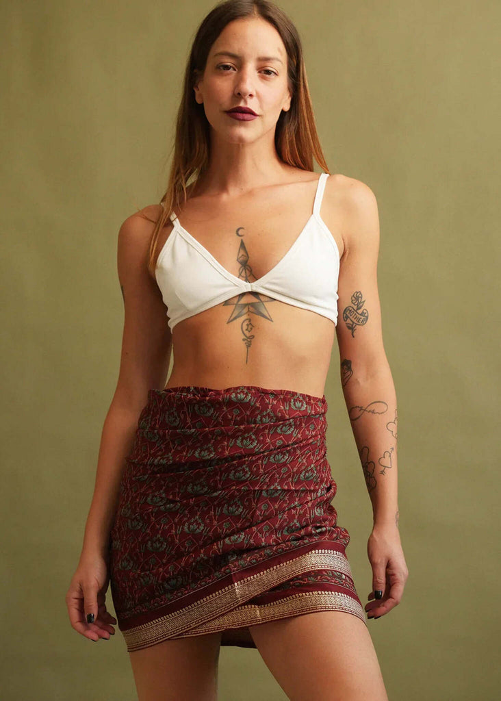 Bijal Silk Scarf — red patterned scarf on model — MYFASHIONFRUIT