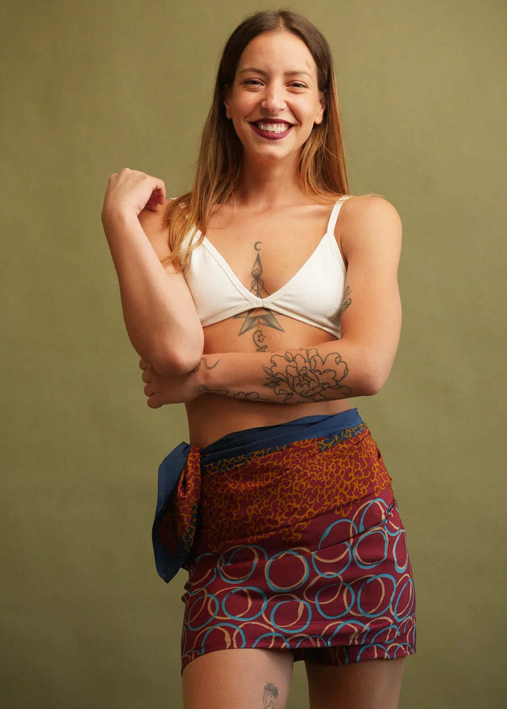 Bijal Silk Scarf — Dark Earthies print skirt on model — MYFASHIONFRUIT