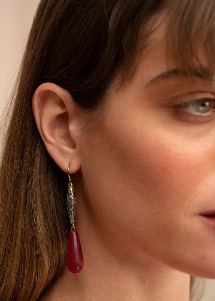 Stella Jade Earrings — on model, red teardrop earring detail — MYFASHIONFRUIT