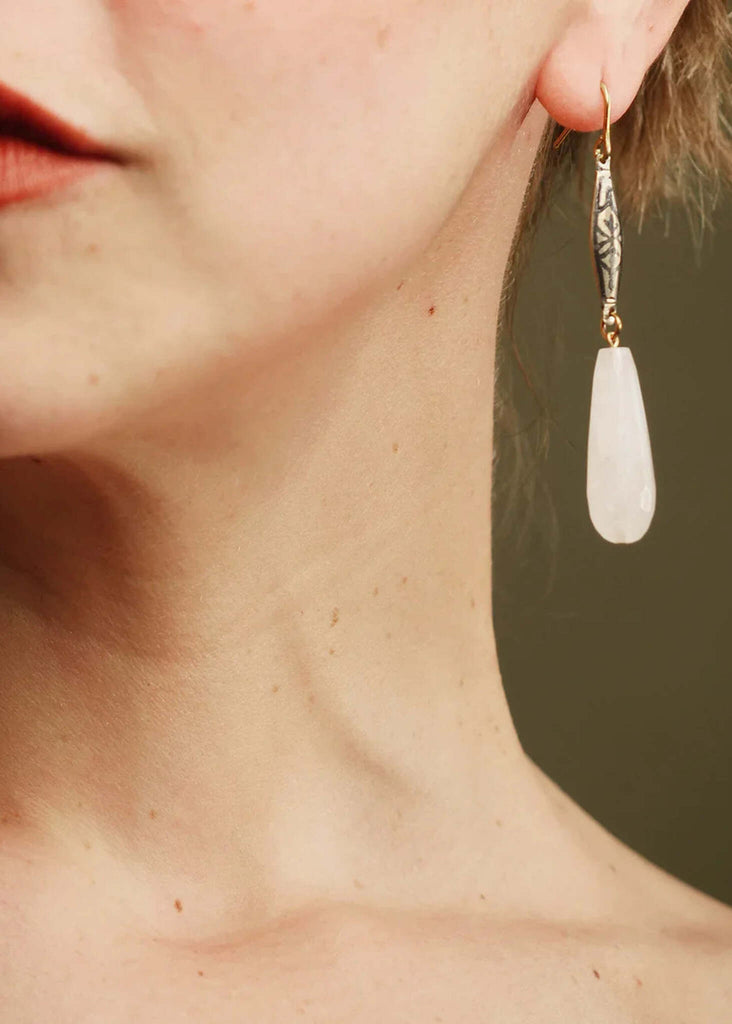 Stella Jade Earrings — Detail of white stone earrings on model — MYFASHIONFRUIT