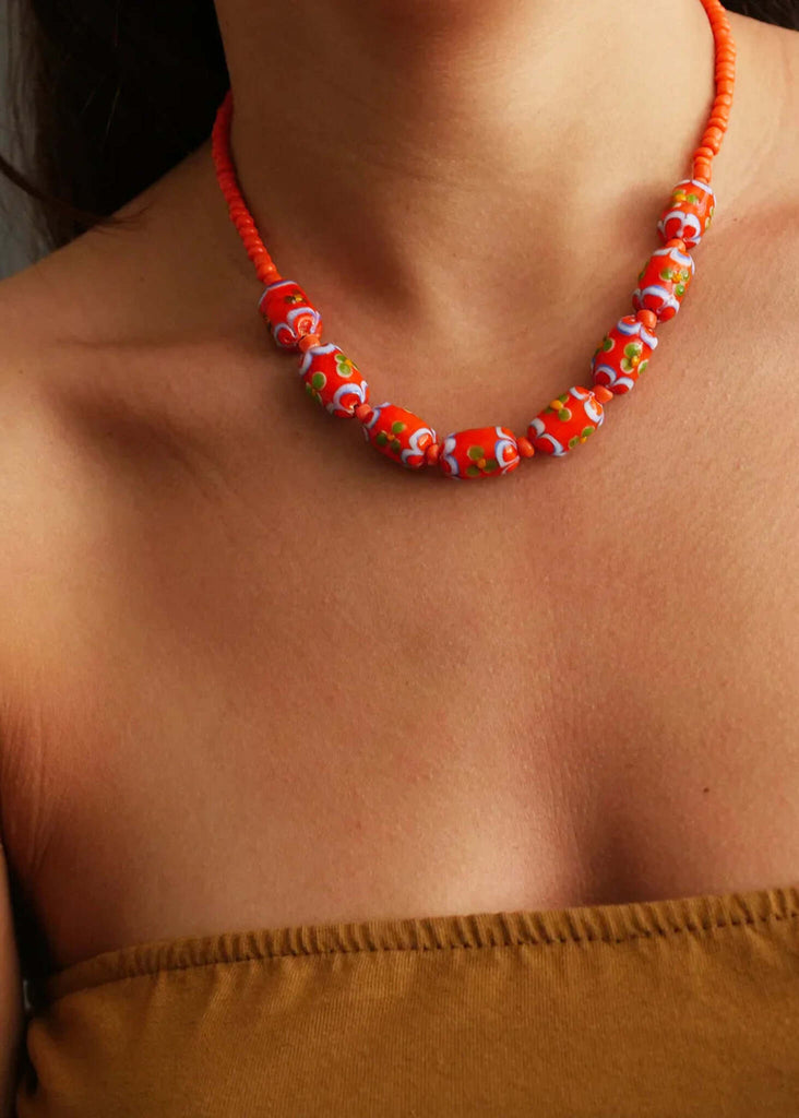 Helia Necklace — Orange beaded necklace on model — MYFASHIONFRUIT