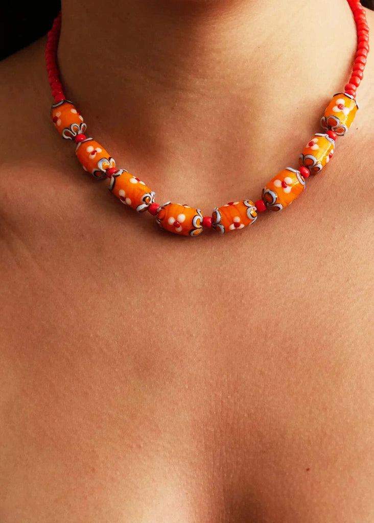 Helia Necklace — orange beaded necklace on model — MYFASHIONFRUIT