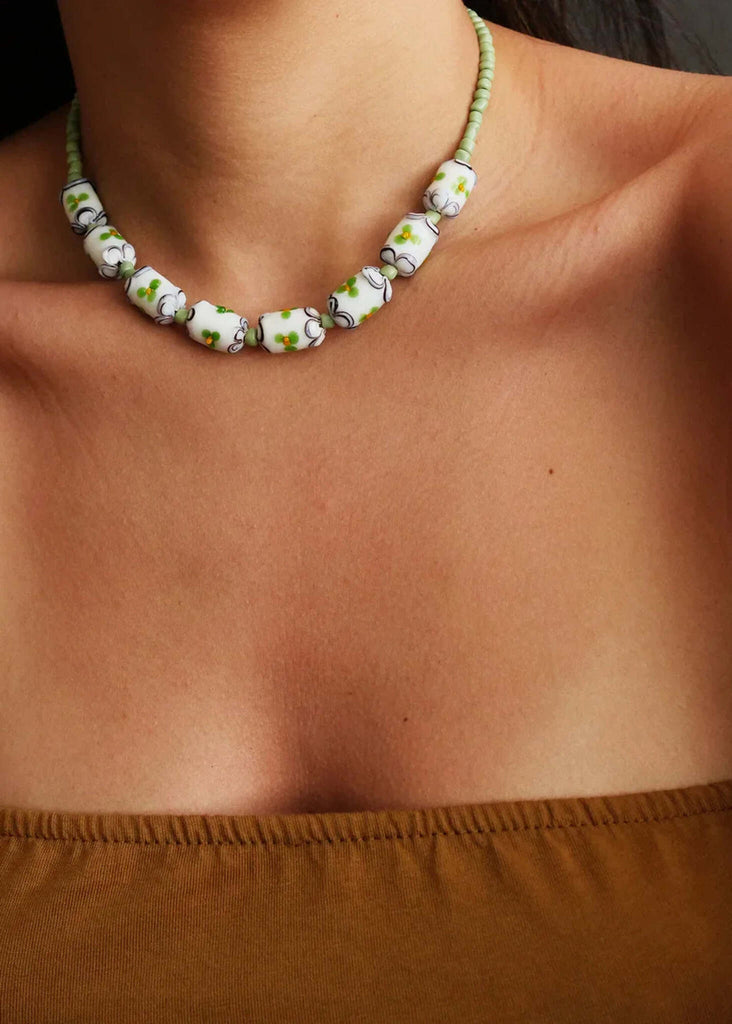 Helia Necklace — beaded necklace on model, detail — MYFASHIONFRUIT