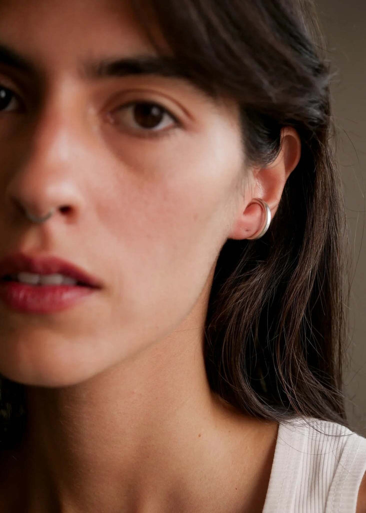 Delia Ear Cuffs — Silver ear cuff on model, detail — MYFASHIONFRUIT