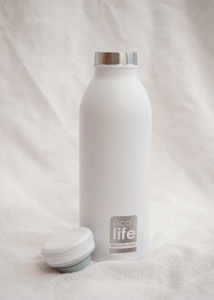 Ecolife Pastel White Thermos — White metal bottle, lid detail — MYFASHIONFRUIT