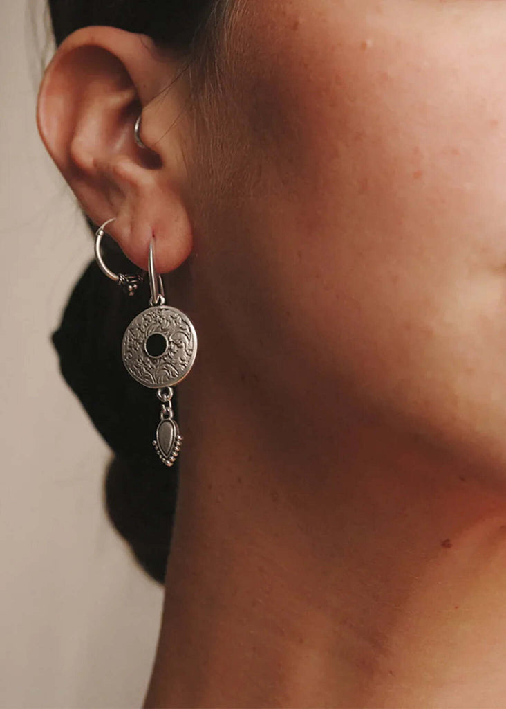 Tribal Earrings — silver earrings on model, detail — MYFASHIONFRUIT