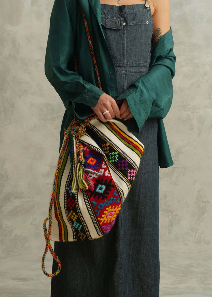 Roxane Handloom Bag — Colorful woven bag on model — MYFASHIONFRUIT