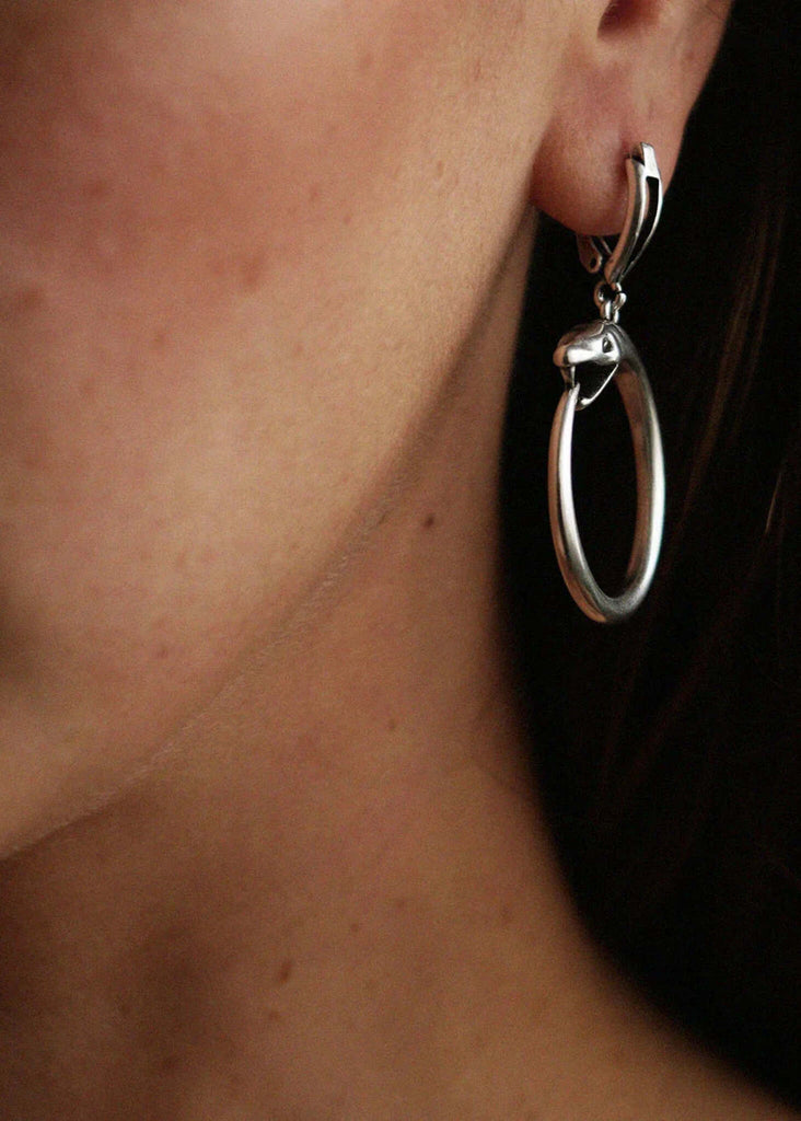 Medusa Hoops — Silver snake hoop earring on model, detail — MYFASHIONFRUIT