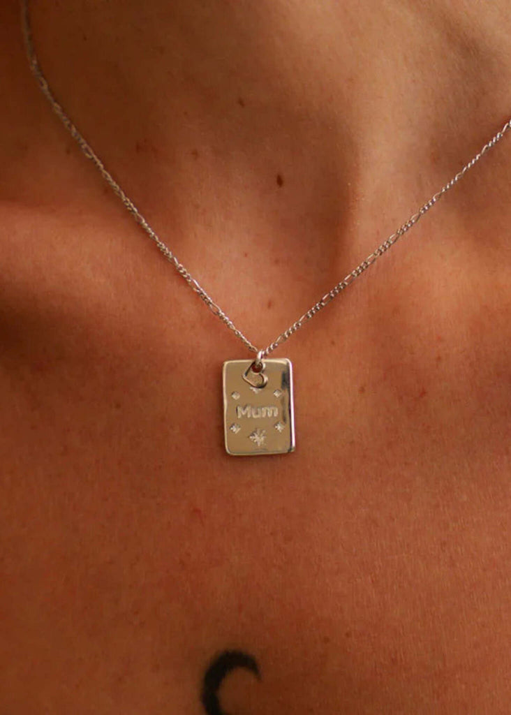 Mum Pendant — Silver necklace with Mum pendant on model — MYFASHIONFRUIT