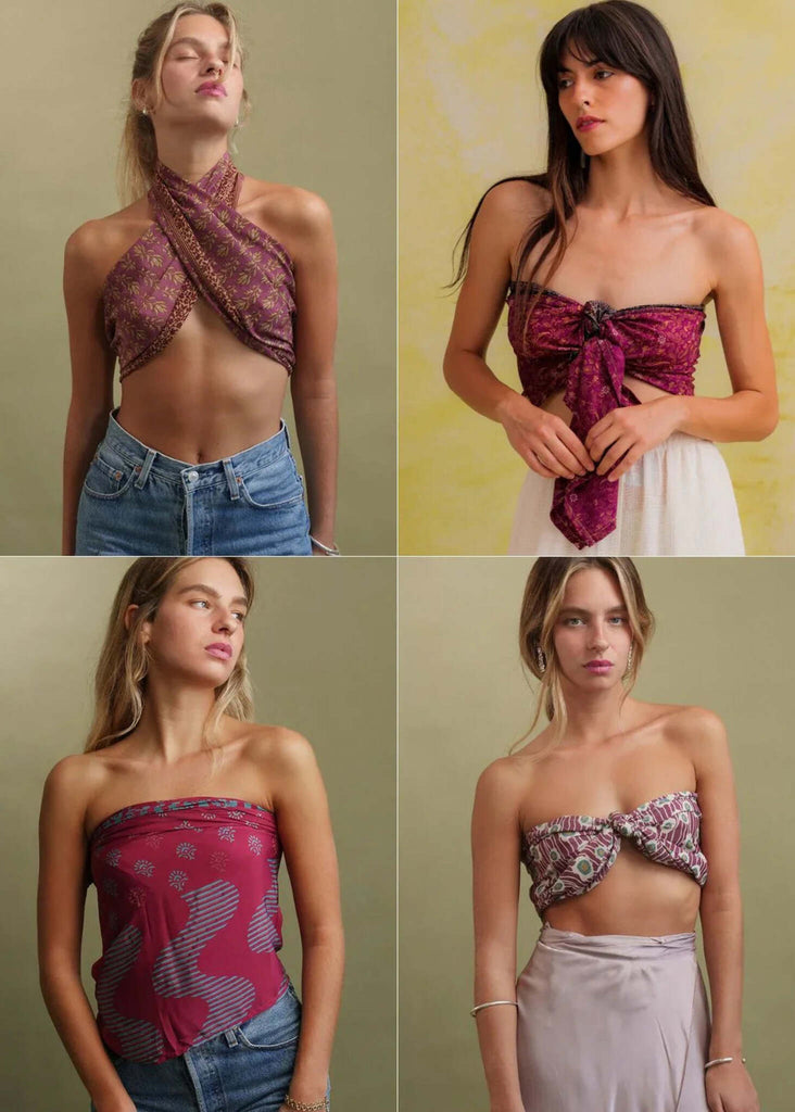 Bijal Silk Scarf - Purples — scarf styled as tops on models — MYFASHIONFRUIT