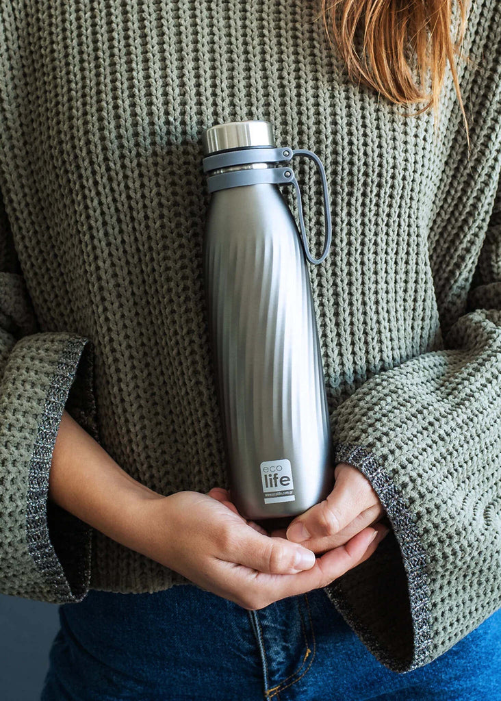 Ecolife Cool Grey Thermos — Silver thermos in hand — MYFASHIONFRUIT