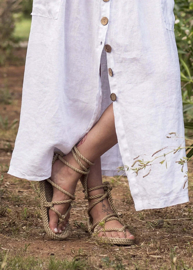 Romano Camel Sandals — Detail of rope sandals and white linen dress — MYFASHIONFRUIT