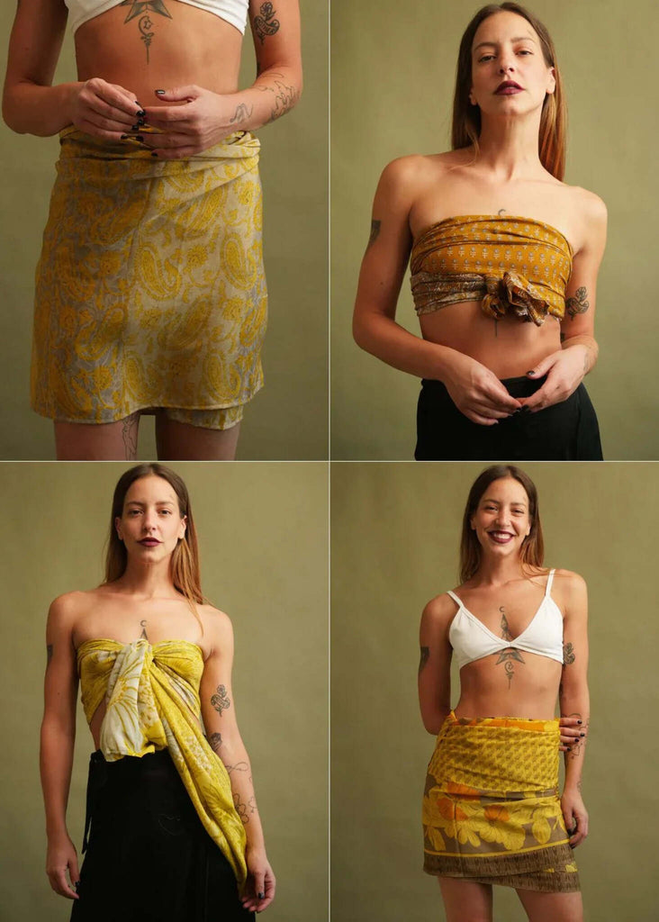 Bijal Silk Scarf - Yellows — scarf in 4 styles on model — MYFASHIONFRUIT