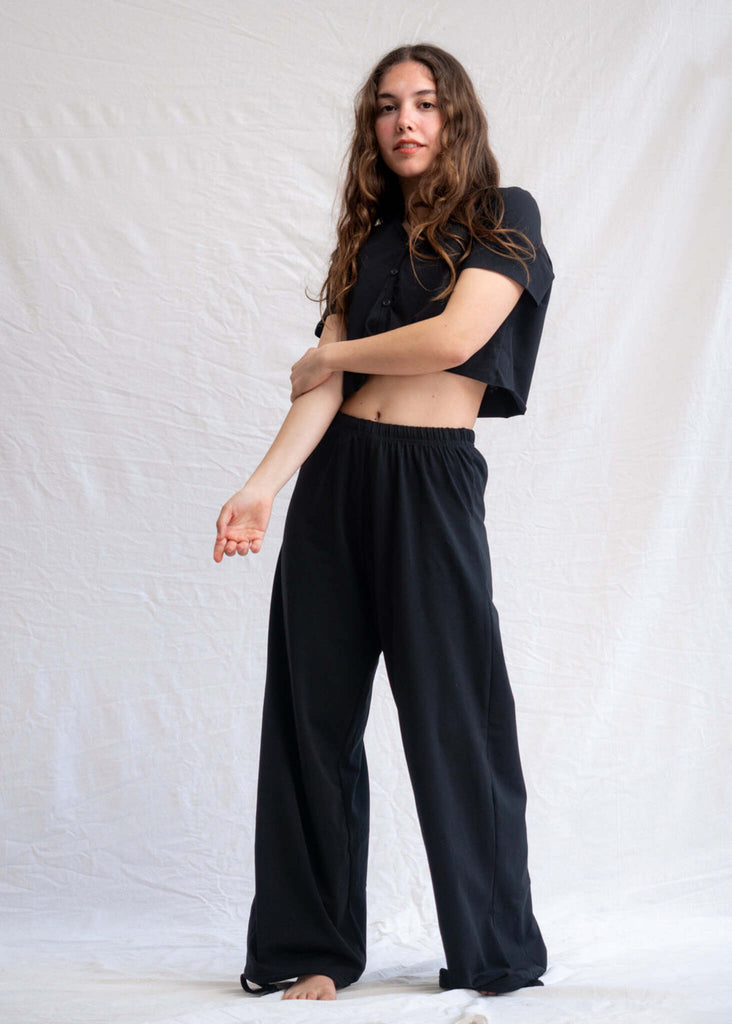 Yin Set - Black cropped shirt and wide leg pants on model - MYFASHIONFRUIT