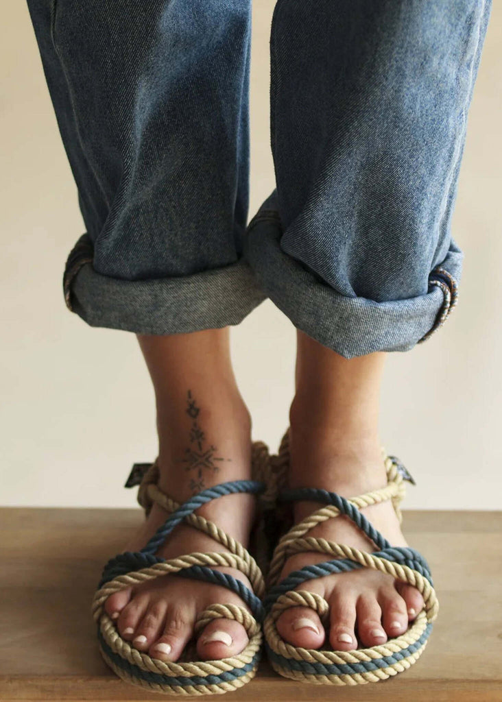 Toe Joe Camel Denim Sandals — Detail of rope sandals on model — MYFASHIONFRUIT