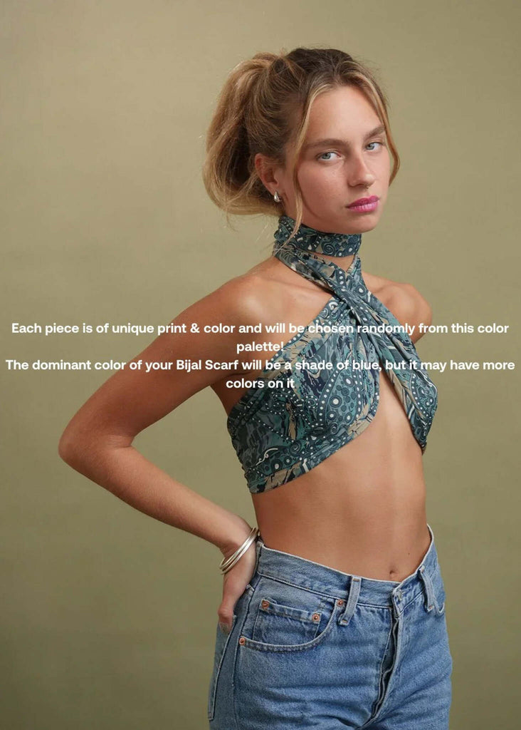 Bijal Silk Scarf - Blues — on model, blue paisley, worn as top — MYFASHIONFRUIT