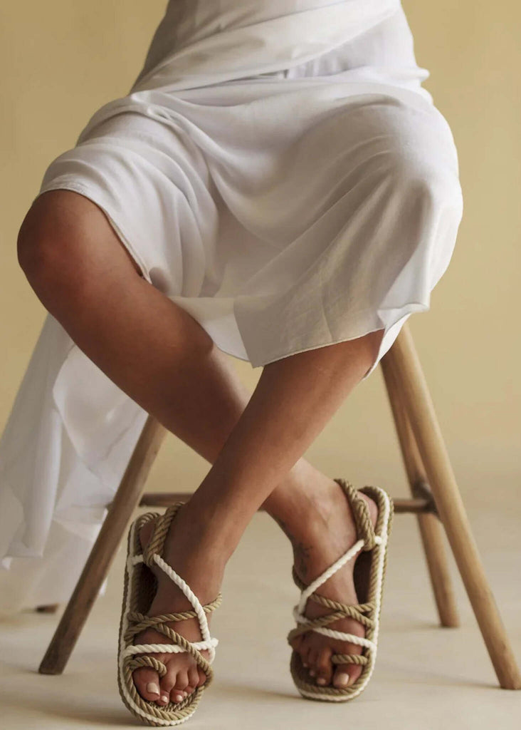 Toe Joe Camel White Sandals — on model, rope detail — MYFASHIONFRUIT