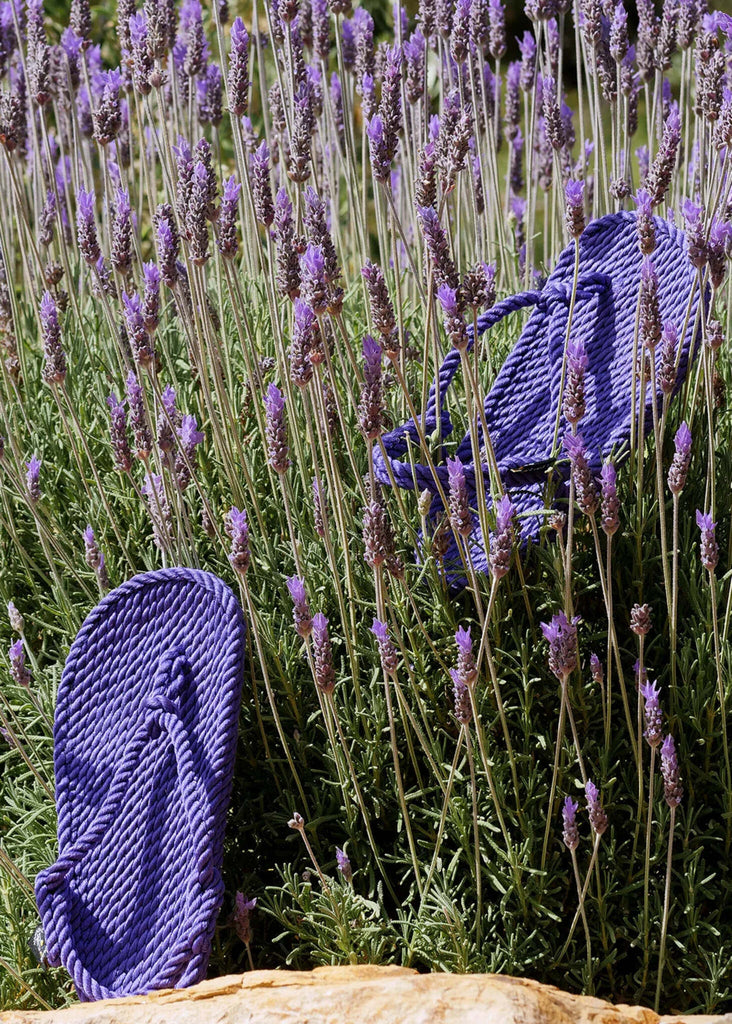 Flop Purple Sandals — Purple rope sandals in lavender field — MYFASHIONFRUIT