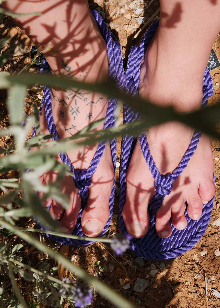 Flop Purple Sandals — purple rope sandals on model, detail — MYFASHIONFRUIT