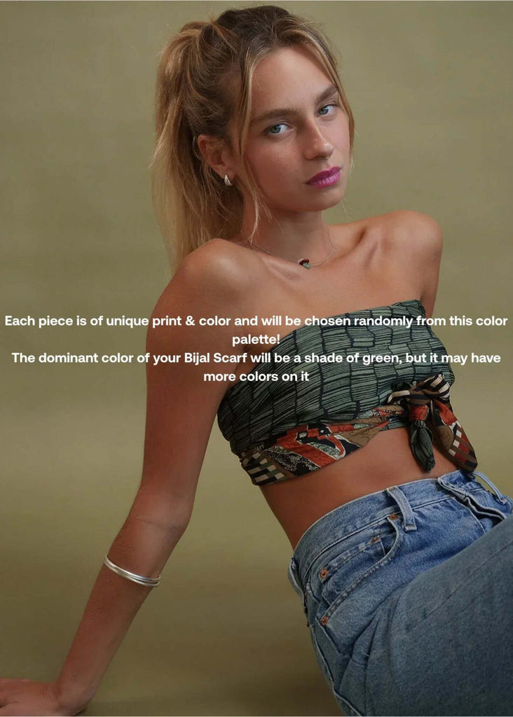 Bijal Silk Scarf - Greens — on model, green silk scarf top, blue jeans — MYFASHIONFRUIT