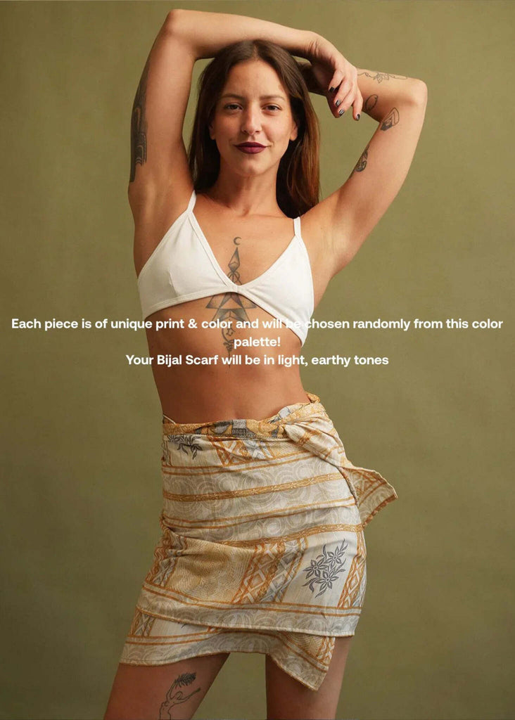 Bijal Silk Scarf - light earthies — on model, geometric print — MYFASHIONFRUIT