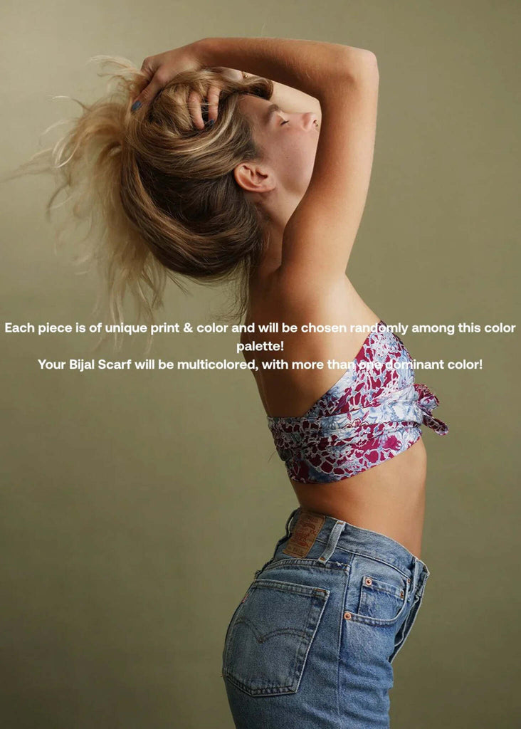 Bijal Silk Scarf — on model, multi-colored worn as top, denim jeans — MYFASHIONFRUIT