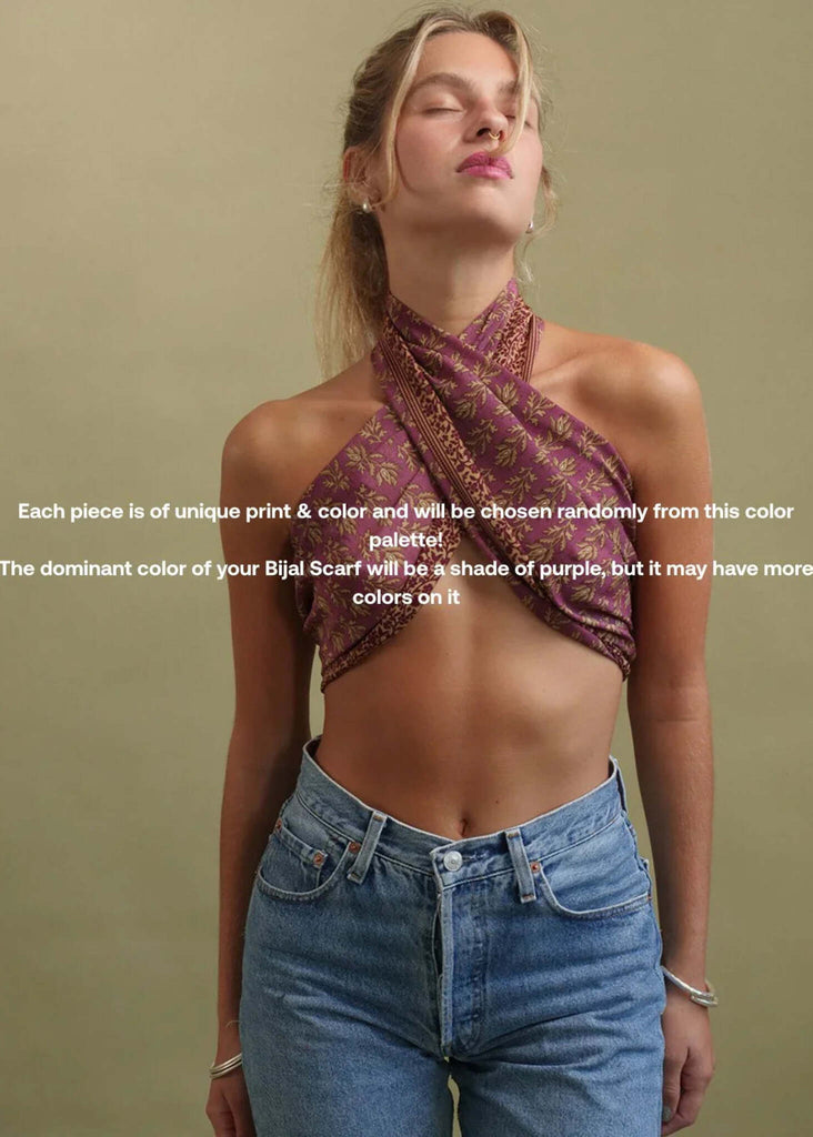 Bijal Silk Scarf - Purples — floral print scarf on model — MYFASHIONFRUIT