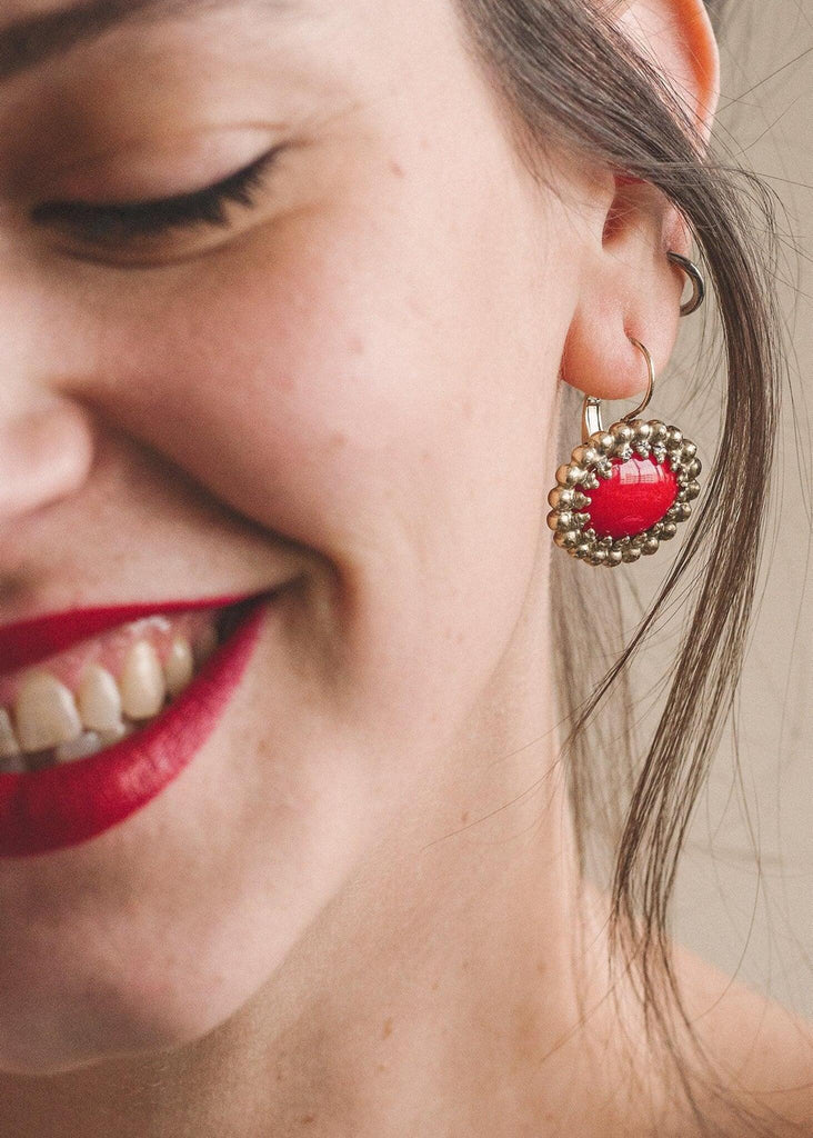 Frida Earrings — Red & gold earring on model, detail — MYFASHIONFRUIT