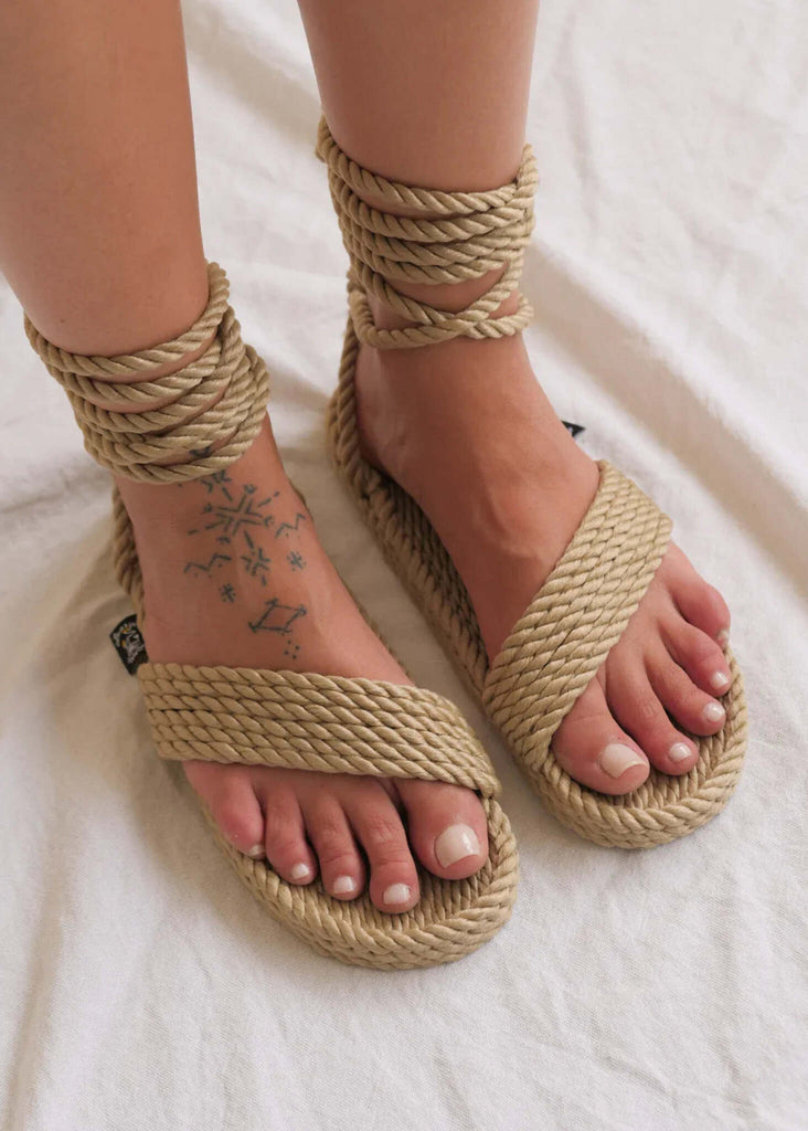 Woman wearing Bondi Camel Sandals with rope ankle ties — MYFASHIONFRUIT