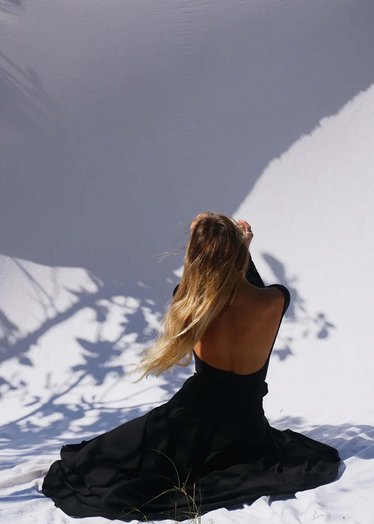 Ballerina Body — Black open-back dress on model — MYFASHIONFRUIT