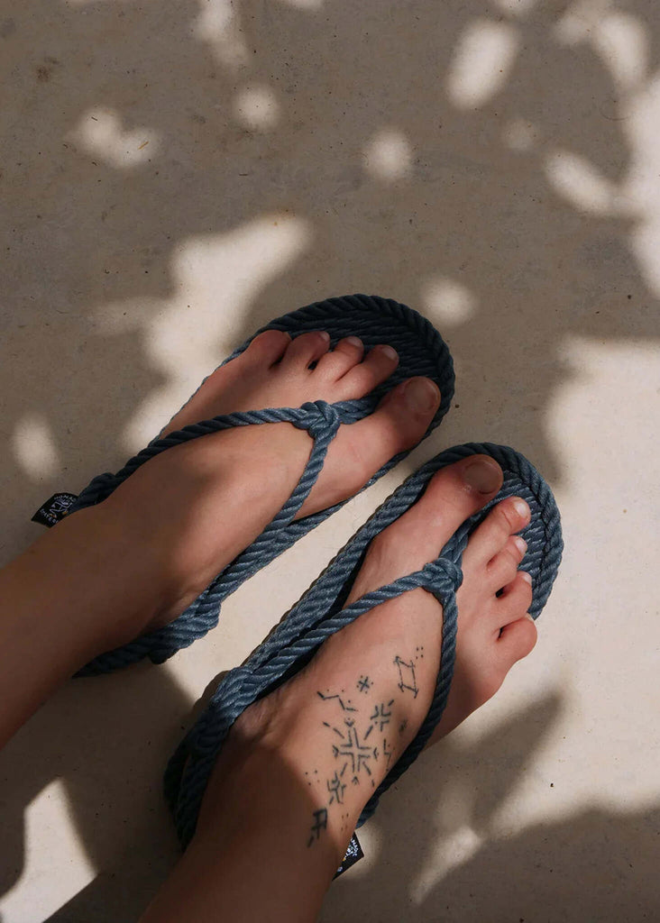 Flop Denim Sandals on feet, denim blue recycled rope detail — MYFASHIONFRUIT