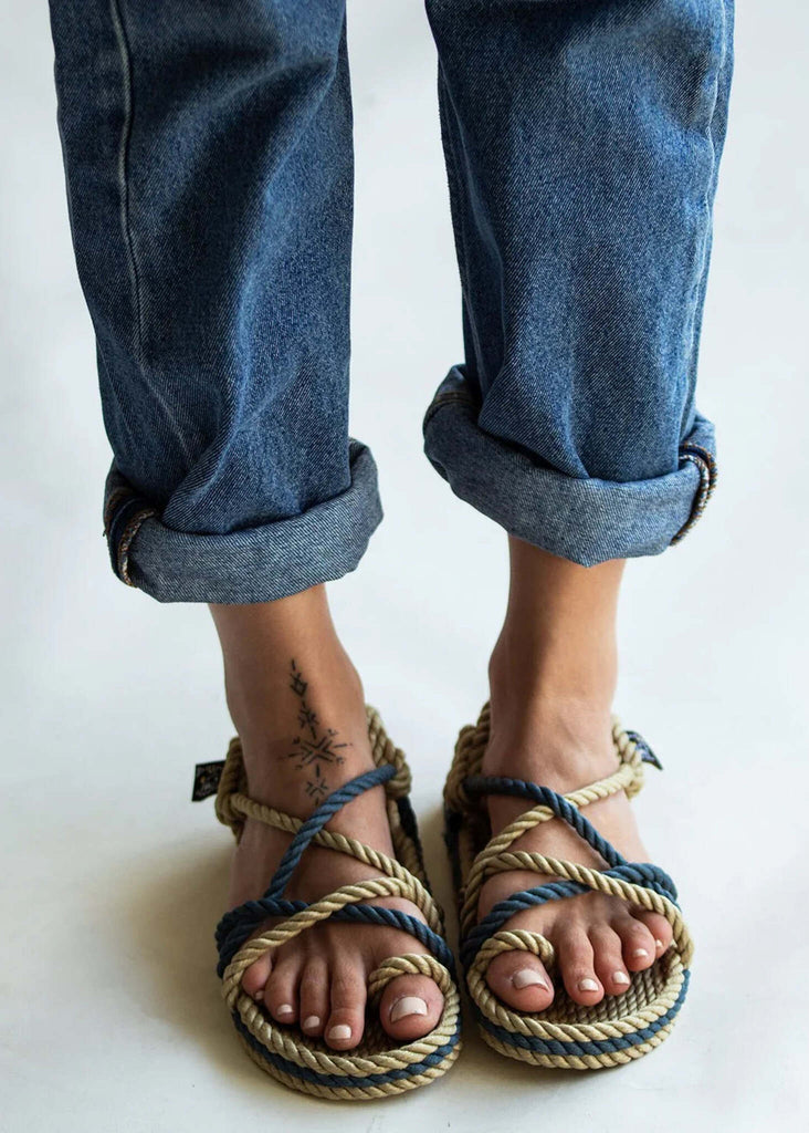 Woman wearing Toe Joe Camel Denim Sandals with blue jeans — MYFASHIONFRUIT
