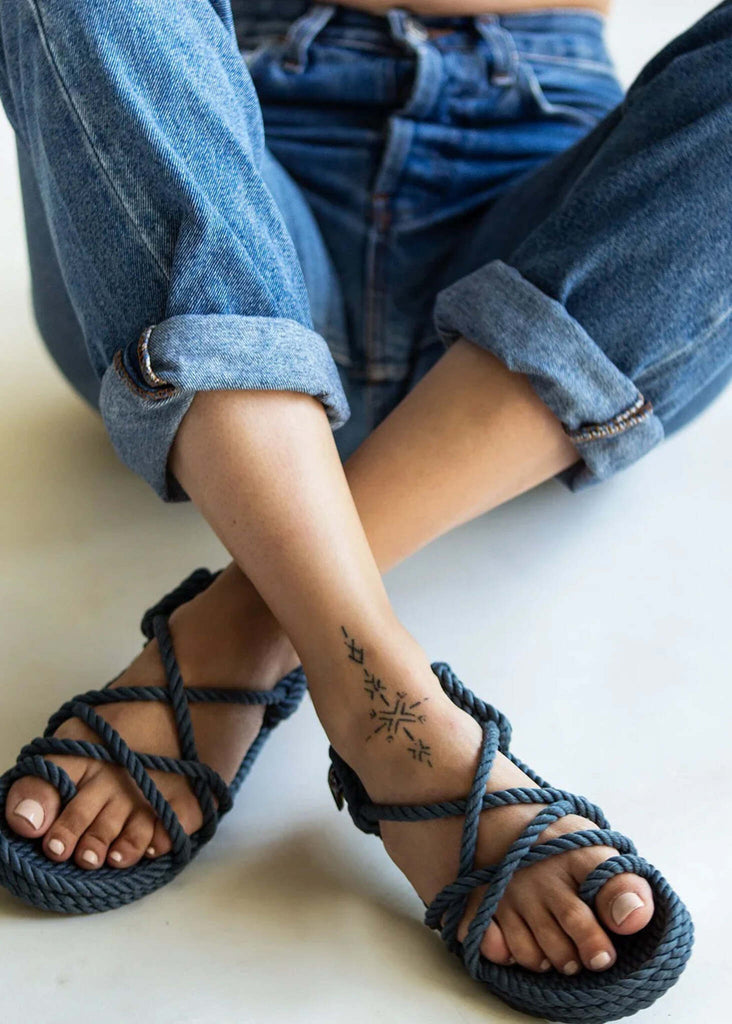 Woman wearing Toe Joe Denim Sandals — rope detail — MYFASHIONFRUIT