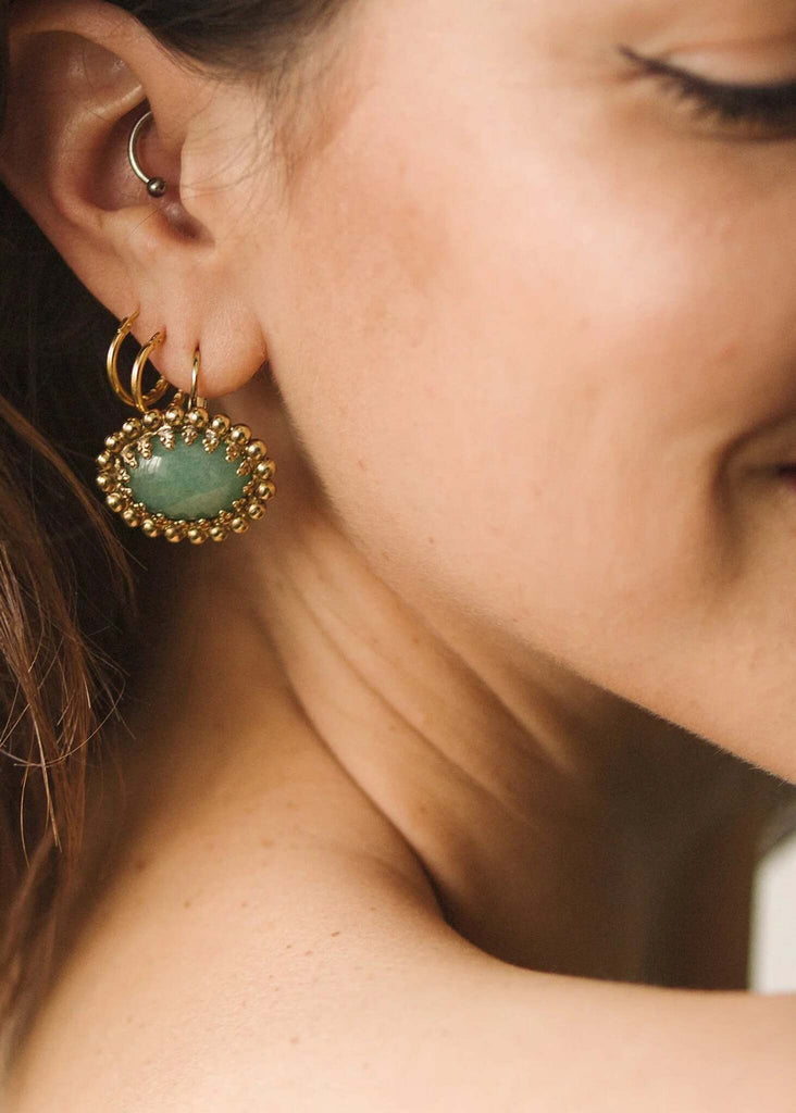 Calista Earrings detail — gold tone with fern green stone drop pendant — MYFASHIONFRUIT