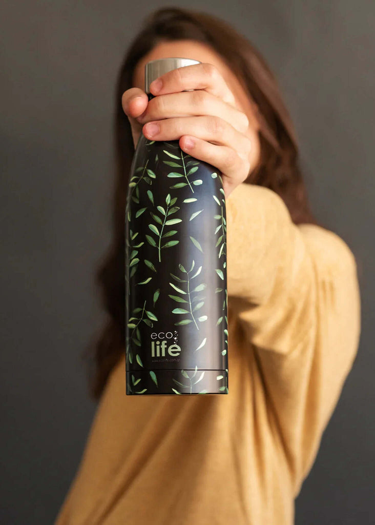 Ecolife Elaia Thermos — Black with leaves — MYFASHIONFRUIT